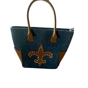 Handmade Denim Tote Bag With Faux Leather Accents & Rhinestone Fleur De Lis